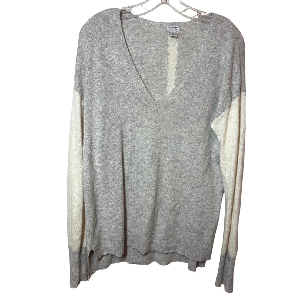 Halogen Womens 100% Cashmere V-Neck Colorblock Sweater Grey Cream XL Relaxed Fit
